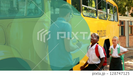 Image of shapes over diverse schoolchildren in school bus Image of shapes over diverse schoolchildren in school bus 128747125