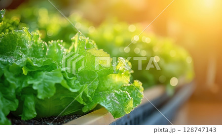 Fresh green lettuce growing in a greenhouse with morning sunlight Fresh green lettuce growing in a greenhouse with morning sunlight 128747143