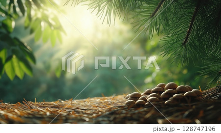Pine nuts resting on a forest floor with sunlight filtering through trees 128747196