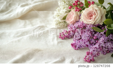 Fresh bouquet of blooming roses and lilacs on a soft linen surface Fresh bouquet of blooming roses and lilacs on a soft linen surface 128747208