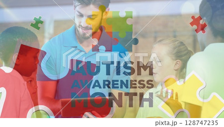 Image of colorful puzzles and autism awareness month over caucasian man and diverse children Image of colorful puzzles and autism awareness month over caucasian man and diverse children 128747235