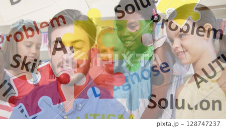 Image of colorful puzzle and autism texts over caucasian man and diverse children Image of colorful puzzle and autism texts over caucasian man and diverse children 128747237