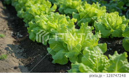 Fresh lettuce plants growing in neat rows on a farm field 128747248