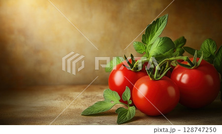 Fresh red tomatoes with green leaves on a rustic textured surface 128747250