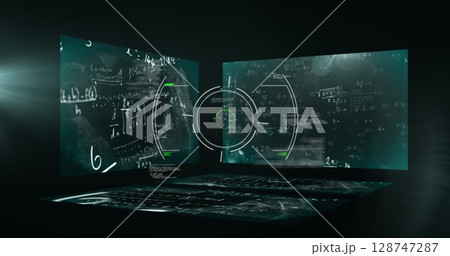 Image of scope scanning over mathematical equations on black background Image of scope scanning over mathematical equations on black background 128747287