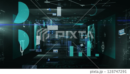 Image of diverse graphs and data moving in black space 128747291