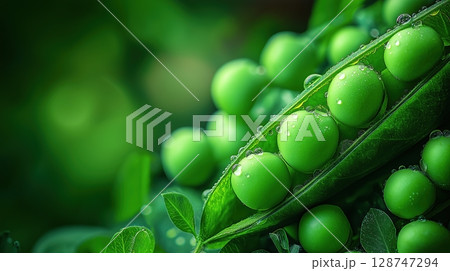 Fresh green peas in a pod with water droplets on them 128747294
