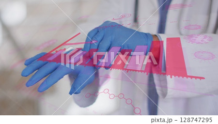 Slipping gloved hands of lab coat-clad scientist at research lab, with digital data overlay 128747295