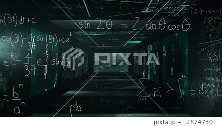 Mathematical equations floating over multiple blackboards with data processing Mathematical equations floating over multiple blackboards with data processing 128747301
