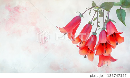 Elegant red bellflowers with green leaves in a watercolor style 128747325