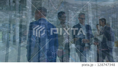 Image of financial graphs over back view of businessmen walking in office 128747348