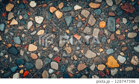 Close up of colorful pebbles embedded in concrete surface Close up of colorful pebbles embedded in concrete surface 128747396
