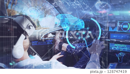 Image of data processing over caucasian man wearing vr headset sitting in car 128747419