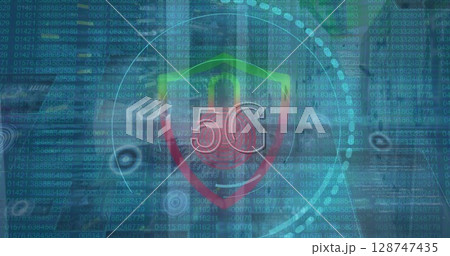 Image of data processing, padlock icon and scope scanning with 5g text over server room 128747435
