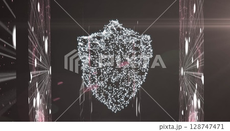 Image of network of connections forming shield symbol over glowing screens processing data 128747471