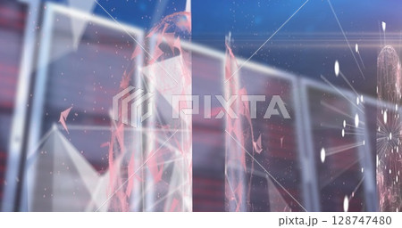 Image of abstract shapes with global network and data processing over computer servers Image of abstract shapes with global network and data processing over computer servers 128747480
