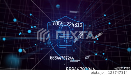 Image of data processing and digital shield with padlock on black background 128747514
