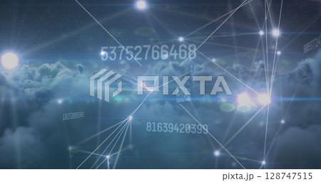 Image of changing numbers and glowing network of connections against dark clouds in the sky Image of changing numbers and glowing network of connections against dark clouds in the sky 128747515