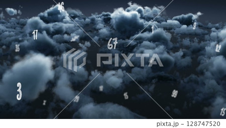 Image of multiple numbers floating over dark clouds in the sky 128747520