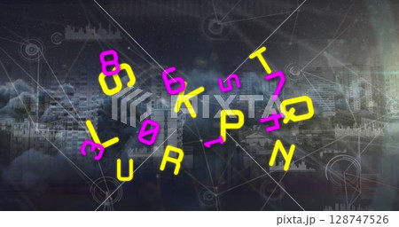 Image of multiple numbers and alphabets over network of connections against dark clouds 128747526