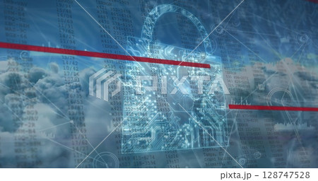 Image of security padlock icon and network of connections against clouds in the sky Image of security padlock icon and network of connections against clouds in the sky 128747528