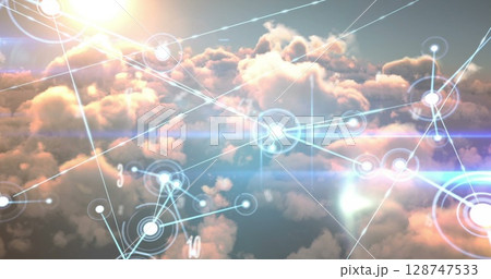 Image of multiple numbers and glowing network of connections against clouds in the sky 128747533