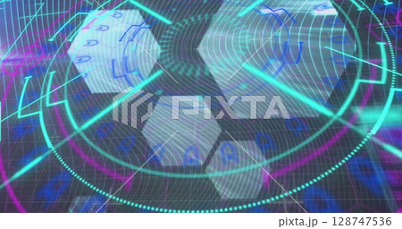 Image of data processing, hexagons and neon circles on black background with lines Image of data processing, hexagons and neon circles on black background with lines 128747536