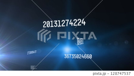 Image of multiple changing numbers floating over blue spot of light against black background 128747537