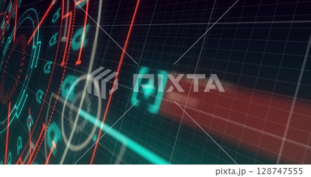 Image of data processing and neon shapes on black background 128747555
