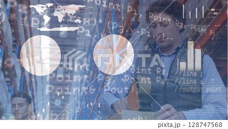 Image of data processing over diverse business people in warehouse 128747568