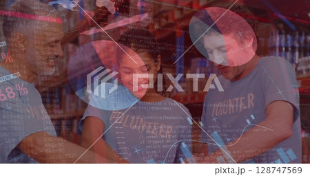 Image of data processing over diverse male and female volunteers opening donation box 128747569