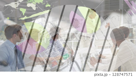 Image of data processing over diverse business people at meeting 128747571