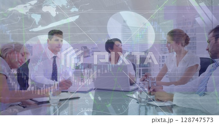 Image of data processing over diverse business people at meeting 128747573
