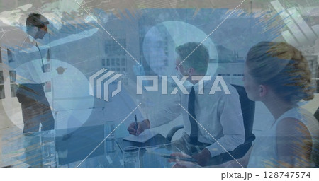 Image of globe and data processing over business people wearing phone headsets 128747574