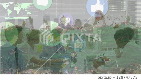 Image of data processing over diverse business people at meeting 128747575