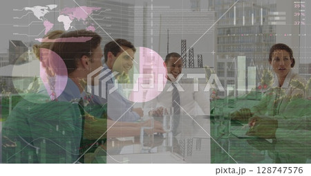 Image of data processing over diverse business people at meeting 128747576