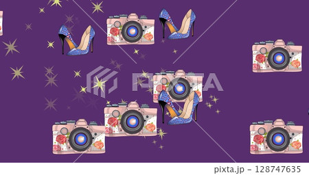 Image of heels, cameras and stars over purple background 128747635