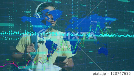 Image of data processing over man using smartphone 128747656