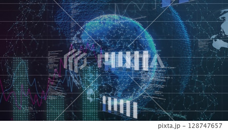 Image of data processing and globe over black background Image of data processing and globe over black background 128747657