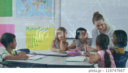 Image of data processing over diverse schoolchildren and teacher using tablet Image of data processing over diverse schoolchildren and teacher using tablet 128747667