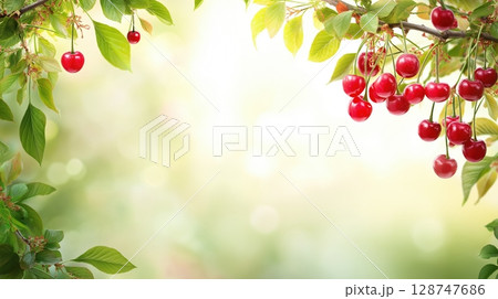 Clusters of ripe cherries hanging from the tree with soft light 128747686