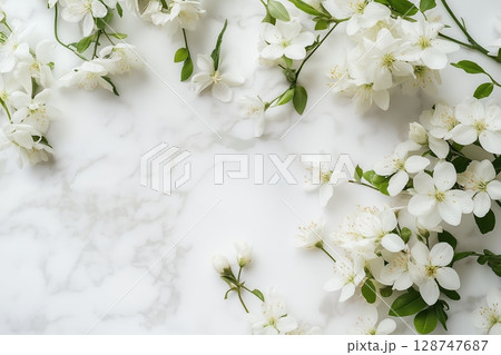 White blossoms scattered on a marble surface creating a serene 128747687