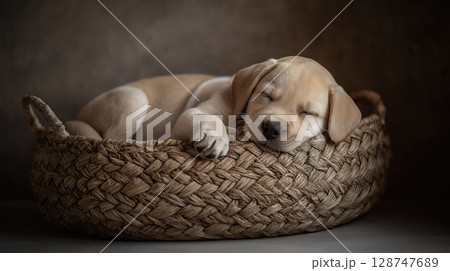 Labrador puppy sleeping in a cozy woven basket with soft natural light 128747689