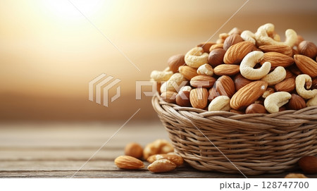Nut mixture in a wicker basket against a background of soft sunlight Nut mixture in a wicker basket against a background of soft sunlight 128747700