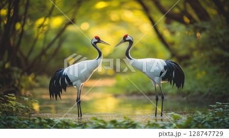 Pair of cranes standing in water surrounded by lush greenery and reflections 128747729
