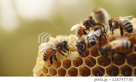 Honeybees working on a honeycomb with soft golden lighting 128747730