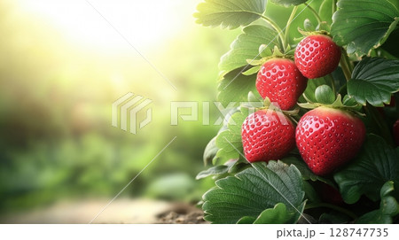 Ripe strawberries on a plant glowing under warm sunlight Ripe strawberries on a plant glowing under warm sunlight 128747735