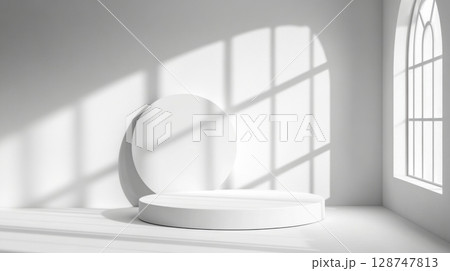 Abstract minimal scene with white podium and shadow of window. 128747813