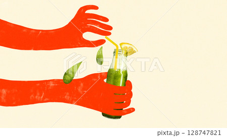 Contemporary composition of orange hands preparing green smoothie bottle with lemon slice and splashes Contemporary composition of orange hands preparing green smoothie bottle with lemon slice and splashes 128747821