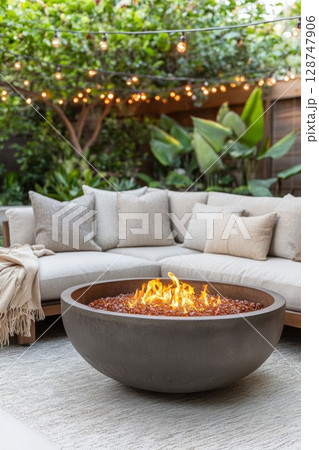 Small fire bowl on patio with lush tropical plants, ideal for elegant evenings and intimate outdoor get-togethers. Small fire bowl on patio with lush tropical plants, ideal for elegant evenings and intimate outdoor get-togethers. 128747906